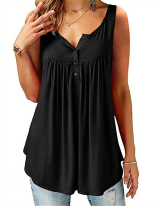 Summer Solid Color Pleated Sleeveless Women's Casual T-shirt Mid-length Button-down Undershirt Top