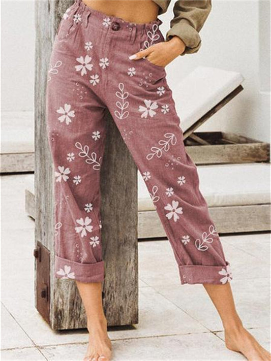 Women's Summer Printed Straight-Leg Casual Cotton-Linen Cropped Pants