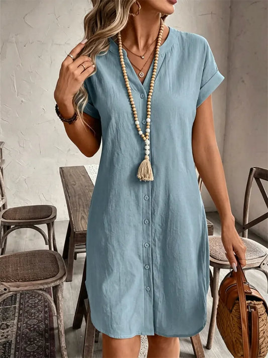 Women's Solid-Color V-Neck Short-Sleeve Casual A-line Dress