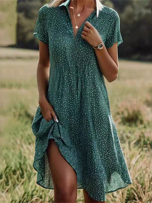 New Women's Summer Long Dress Casual Loose V-neck Short-sleeved Printed Polka Dot Shirt Dresses