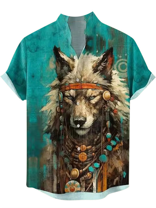 Men's Summer 3D Animal Print Fashionable Short-Sleeve Stand-Collar Shirt 3