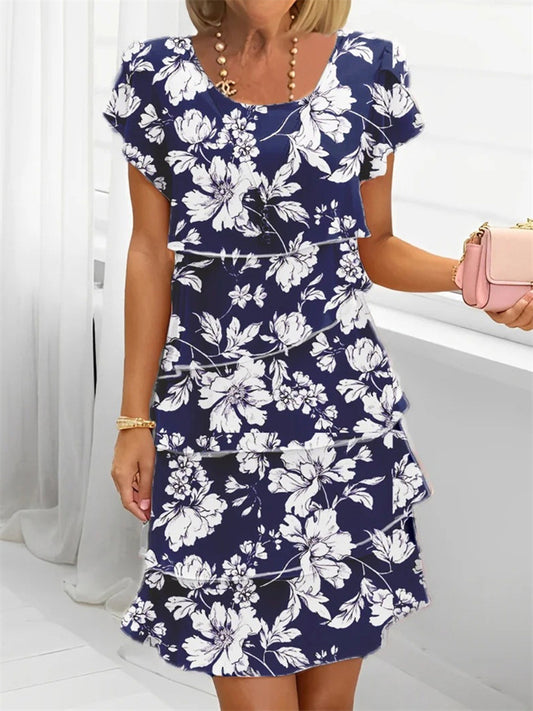 Women's Round Neck Short Sleeve 3D Printed Chiffon Dresses