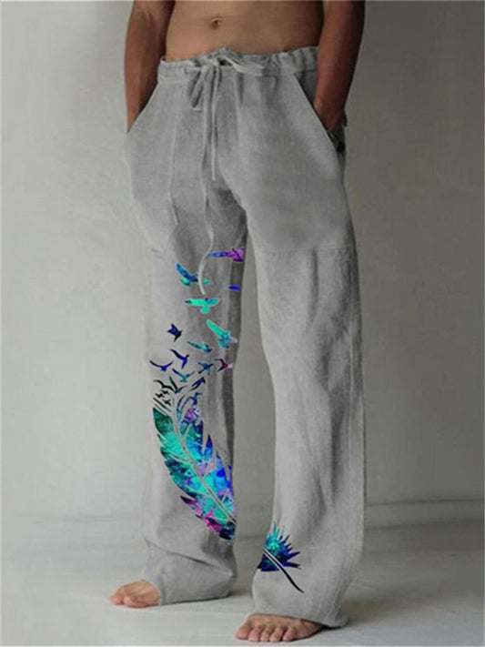 Men's Linen Pants Trousers Summer Pants Beach Pants Pocket Drawstring Elastic Waist Feather Breathable Lightweight Full Length Casual Daily Linen / Cotton Blend Casual Trousers White Yellow
