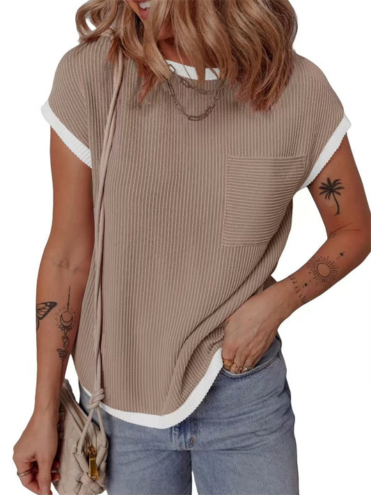 Women's Short-Sleeve Ribbed Knit T-Shirt - Spring/Summer Casual Top