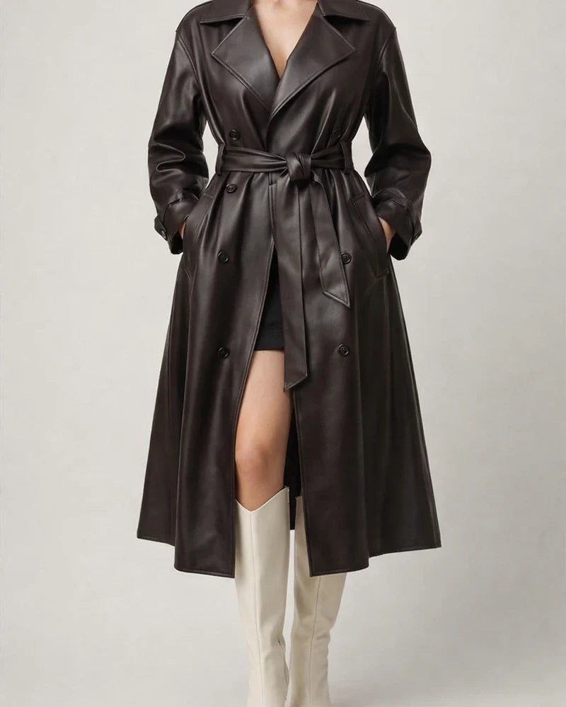 Black Brown Vintage Medium-length Knee-length Pu Leather Jacket Jacket Senior Sense Female Loose Leather Trench Coat | JRSEE:e4147de9-8bd7-42b1-92bd-d141d48f7fc8