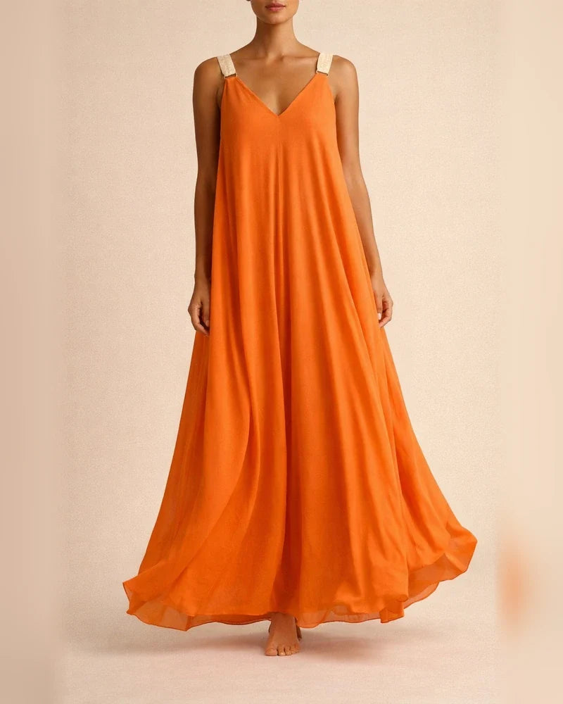 Bohemian Long Solid Color V-neck Large Size Halter Dress | JRSEE:71a70a6e-453e-41ba-9a0d-1f9ab4c0c1f7