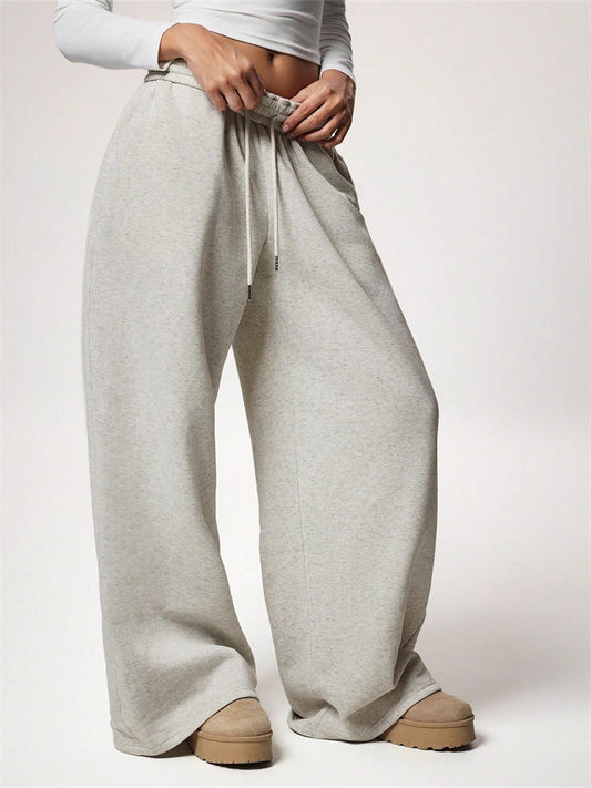 Women's Winter Elastic Waist Fleece-Lined Loose Wide-Leg Athletic Casual Solid Color Long Pants