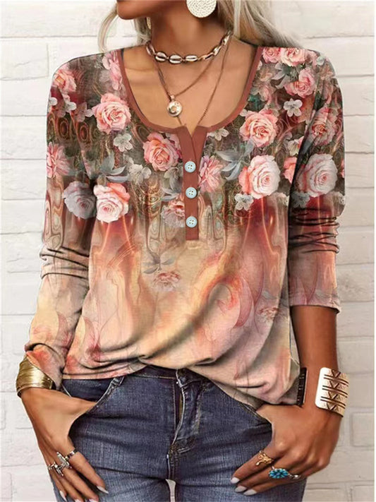 Autumn and Winter New Women's Pink Khaki Gold Long-sleeved Printed Ethnic Fashion T-shirt Female
