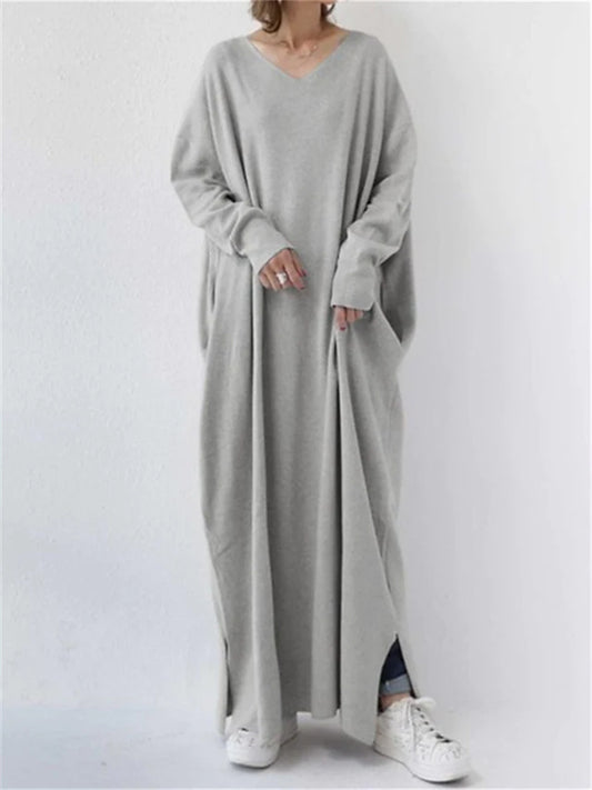 Women's Casual Dress T Shirt Dress Tee Dress Shift Dress Long Dress Maxi Dress Black Army Green Gray Long Sleeve Pure Color Split Winter Fall Spring V Neck Basic Winter Dress Daily Vacation Loose Fit