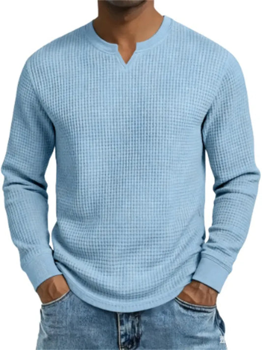 New Arrival Fall Base Layer Slim-Fit Men's Long Sleeve V-Neck Casual Waffle Weave T-Shirt