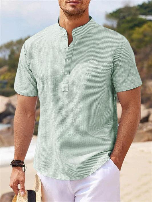Men's Short Sleeve Stand Collar Pineapple Check Shirt Men's Casual Shirt