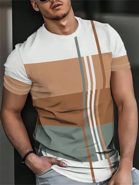 Men's Summer Color-Blocked Striped Round-Neck T-Shirt