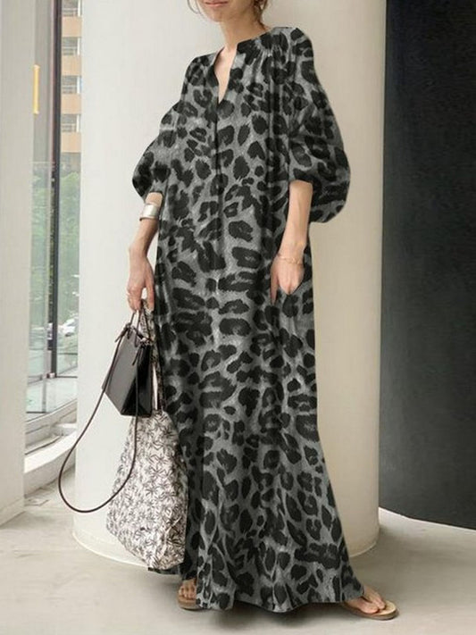 Leopard Print Stand Collar Bubble Sleeve Fashion Loose Casual Shirt Dress Black Dresses