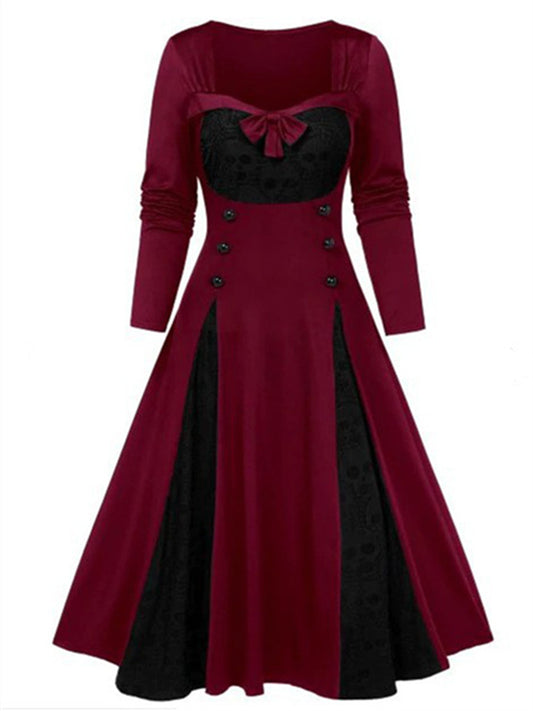 Women's Vintage Dress Gothic Dress Midi Dress Green Blue Purple Wine Red White Black Long Sleeve Skull Pumpkin Print Patchwork Button Winter Fall Boat Neck Party Fall Dress 2022 S M L XL XXL 3XL
