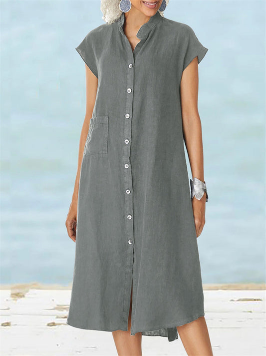 New Solid Color Cardigan Stand-up Collar Single Row Multi-button Sleeveless Cotton Linen Pockets Large Size Dress Petticoat