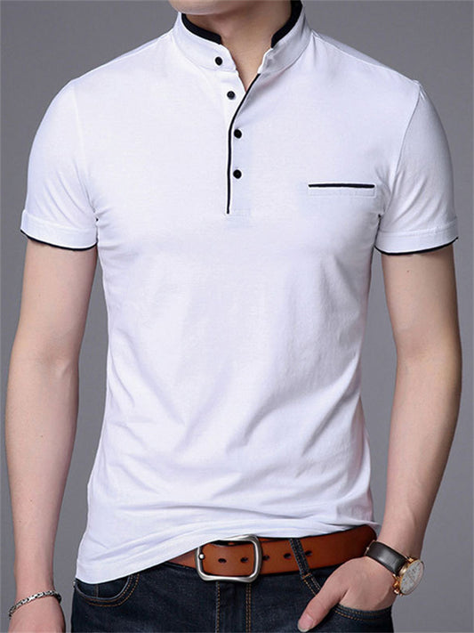 Summer Solid Color Breathable Anti-wrinkle Men's Stand-up Collar Short-sleeved T-shirt Large Size Slim Casual Wear High Elastic Men's Temperament Short T-shirt