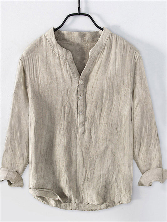 Men's Solid-Color Stand-up Collar Cotton-Linen New Long-Sleeve Casual Shirt S-5XL