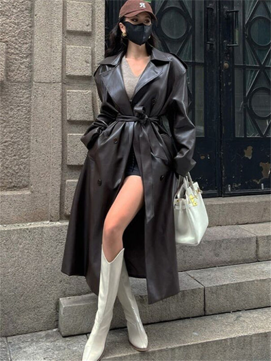 Black Brown Vintage Medium-length Knee-length Pu Leather Jacket Jacket Senior Sense Female Loose Leather Trench Coat