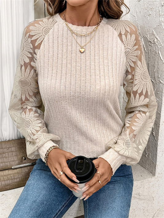 Women's Crew Neck Lace-Panel Long Sleeve Apricot T-Shirt Top