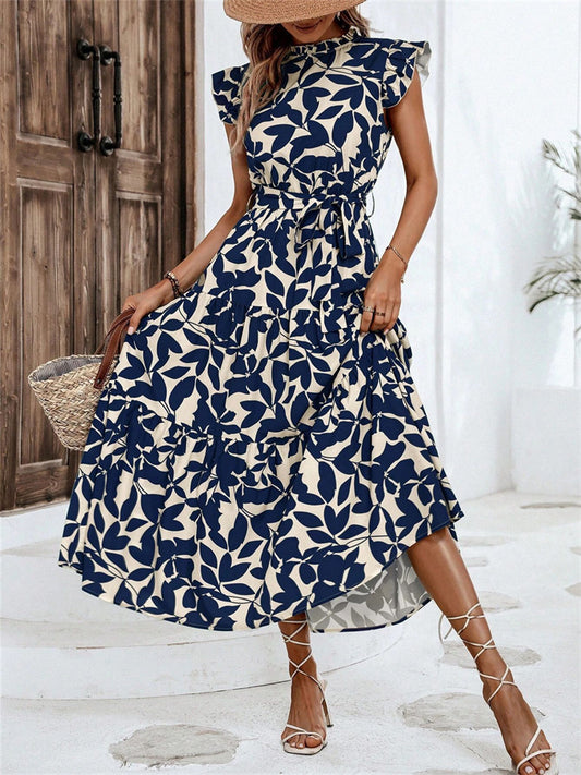 Women's New Summer Fashion Wooden Ear Edge Fly Sleeve Tie Printed Dresses
