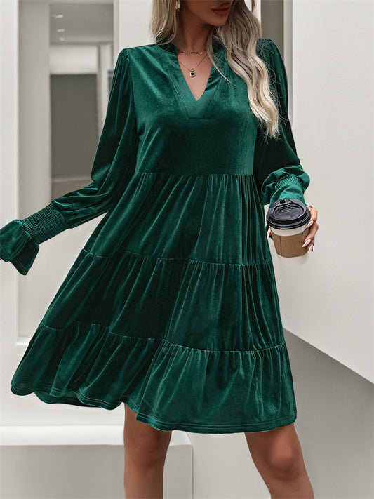 Autumn and Winter New Velvet Thickened Lantern Sleeve Street Pleated Long-sleeved Dresses for Women