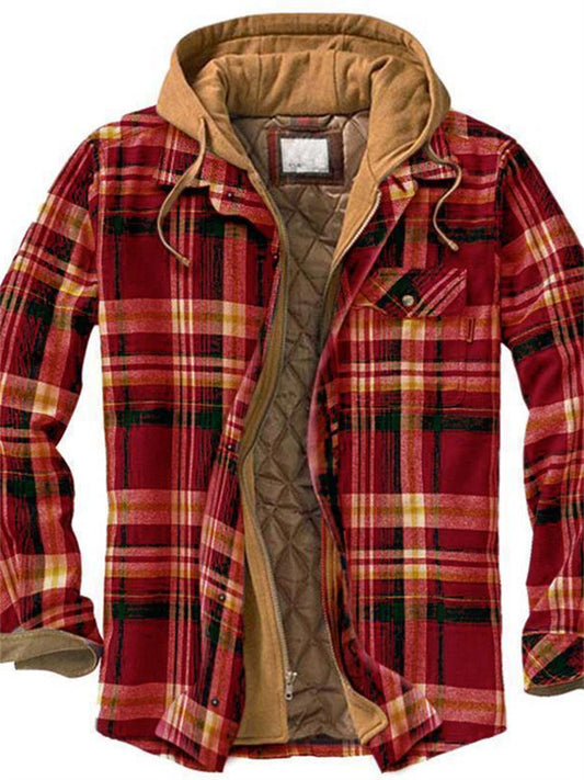 Men's Puffer Jacket Winter Jacket Quilted Jacket Shirt Jacket Winter Coat Warm Casual Plaid / Check Outerwear Clothing Apparel Green Blue Red & White