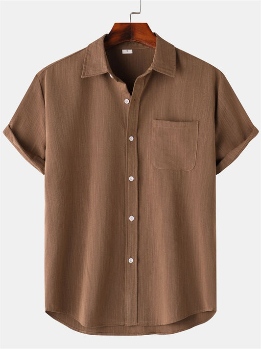 Hot Summer Lapel Solid Color Short Sleeve Button Men's Linen Shirt