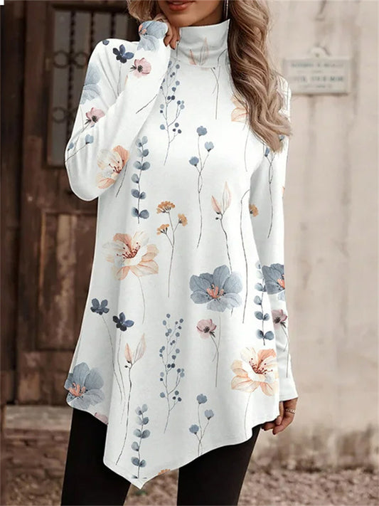 Autumn and Winter New Printed High Neck Fashion Loose Type Comfortable Casual Long Sleeve Top
