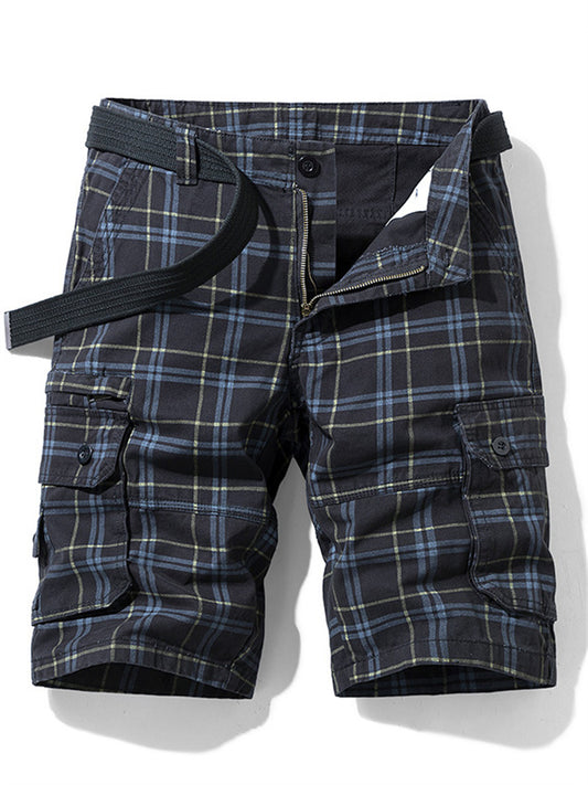 New Cotton Summer Men's Shorts Casual Sports Workwear Five-minute Pants Simple Plaid Slim Chinese Pants Multi-pocket Pants