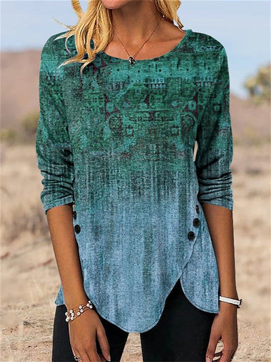 Women's T shirt Tee Tunic Maroon Green Blue Graphic Print Long Sleeve Holiday Weekend Vintage Ethnic Round Neck Regular Painting