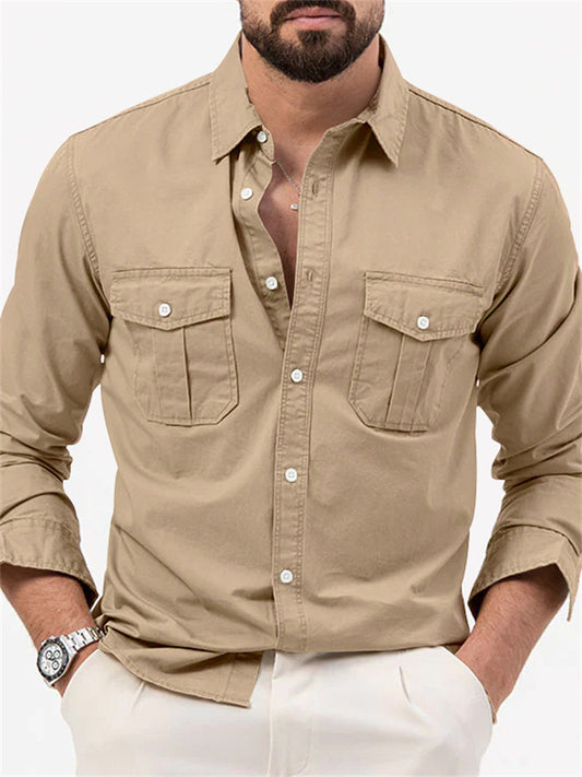New Solid Color Men's Lapel Shirts with Multiple Pockets Casual Fashion Long-sleeved Tops for Men