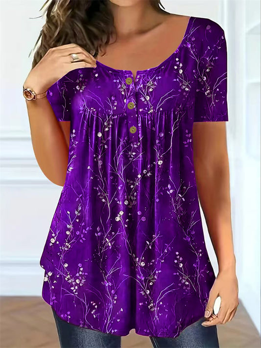 Women's Floral and Branch Print Pleated Summer Plus Size Short-Sleeve Top