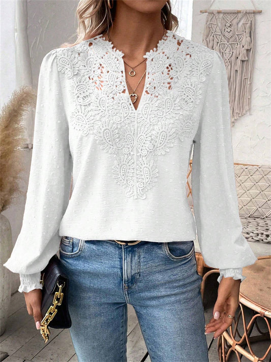 New Ladies Fashion V-neck Lace Solid Color Long-sleeved Casual Shirt