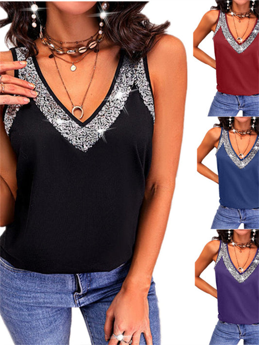 Summer New Women's Solid Color Beaded Sleeveless Undershirt T-shirt Sequin Temperament Elegant Tops