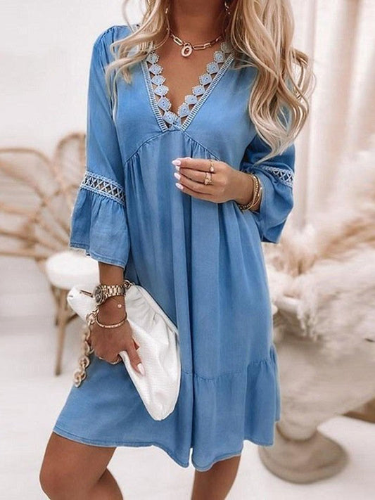 V-neck Printed Lace Stitched Bohemian Casual Holiday Dress