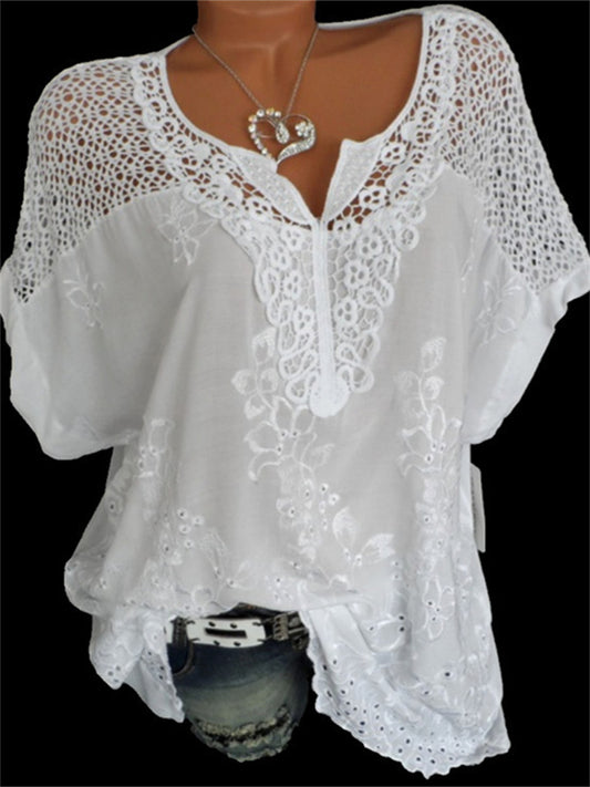 Fashion Fresh Sweet Women's Solid Color Lace V-neck Embroidery Short Sleeve Short Sleeve Bat Shirt T-shirt Chiffon Shirt