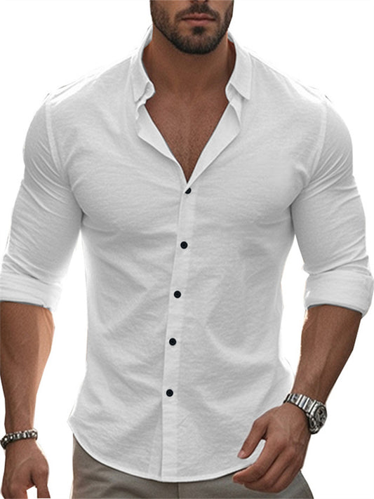 Men's New Casual Solid Color Long-sleeved Shirt Lapel Long-sleeved Beach Shirt Tops