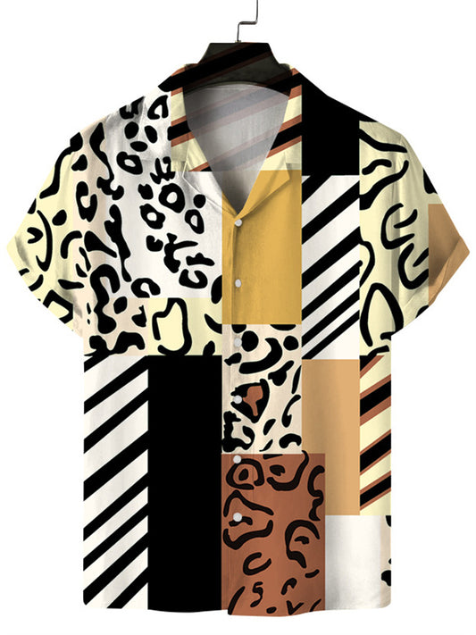 Men's Casual Printed Short-sleeved Cuban Collar Cardigan Hawaiian Leopard Print Floral Shirt