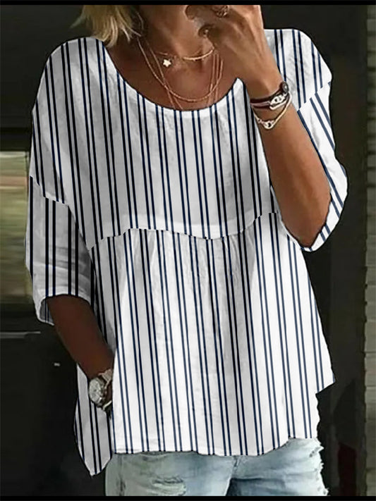 Summer Women's T-shirt Casual Printed Medium Sleeve Ruffled Round Collar Striped Tops