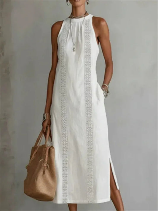 New Arrival Women's Round-Neck Sleeveless Lace-Trimmed Slit Solid-Color Cotton-Linen Dress