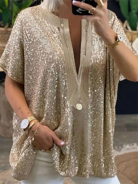 Women's Plus Size Curve Tops Blouse Shirt Plain Sequins Half Sleeve V Neck Daily Vacation Spring Summer Gold