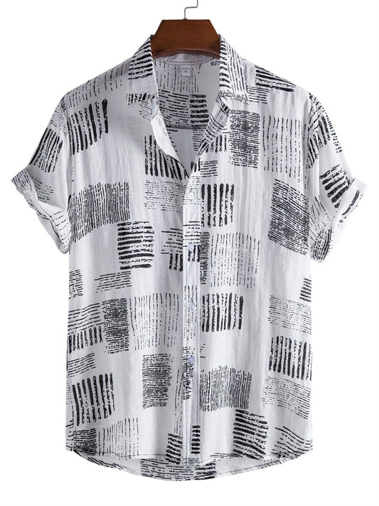 Floral Short-sleeved Shirt Men's Summer New Short-sleeved Black and White Shirt Cardigan Men's Short-sleeved Shirt