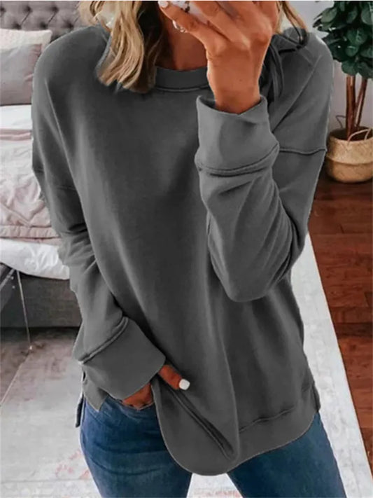 Women's Solid Color Women's Commuter Tops Loose Casual Splicing Round Neck Long Sleeve T-shirt S-5XL