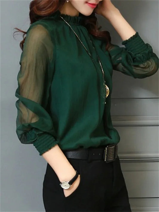 Women's Blouse Shirt Eyelet top Wine Green Blue Mesh See Through Long Sleeve Work Basic Business Casual Regular Regular Fit Lantern Sleeve