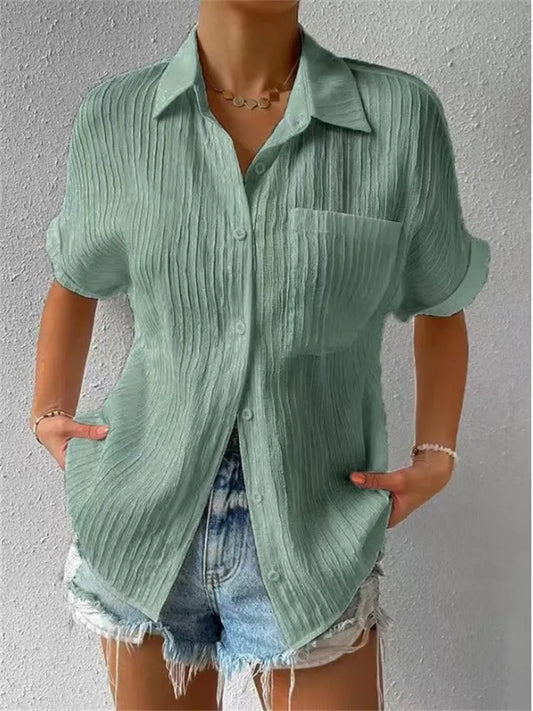 Spring and Summer New Explosive Tops Cotton Linen Pocket Stand-up Collar Cardigan with Short-sleeved Loose Type Shirt T-shirt Women