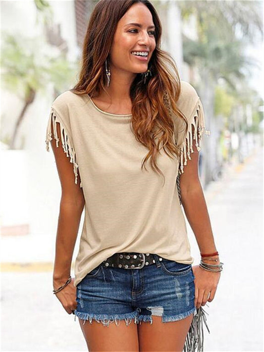 Women's Large Size Round Neck Short Sleeve Tassel Knot T-shirt Top