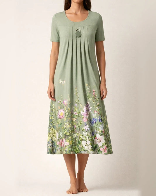 Casual Flower Round Neck Pleated Dress | JRSEE:4558dc59-35f2-49f8-8b64-bac2e513ec61