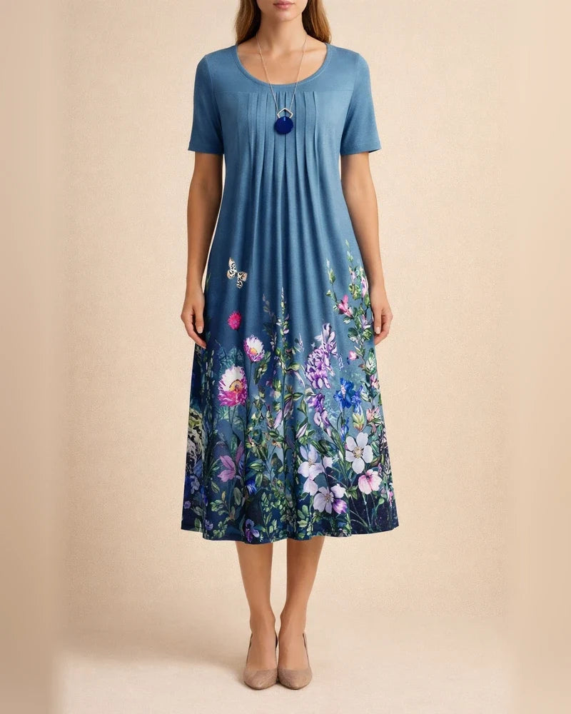 Casual Flower Round Neck Pleated Dress | JRSEE:8efdec01-7879-443d-8644-57d40ff44c52