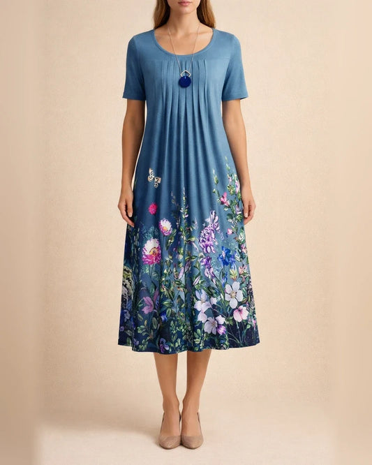 Casual Flower Round Neck Pleated Dress | JRSEE:8efdec01-7879-443d-8644-57d40ff44c52