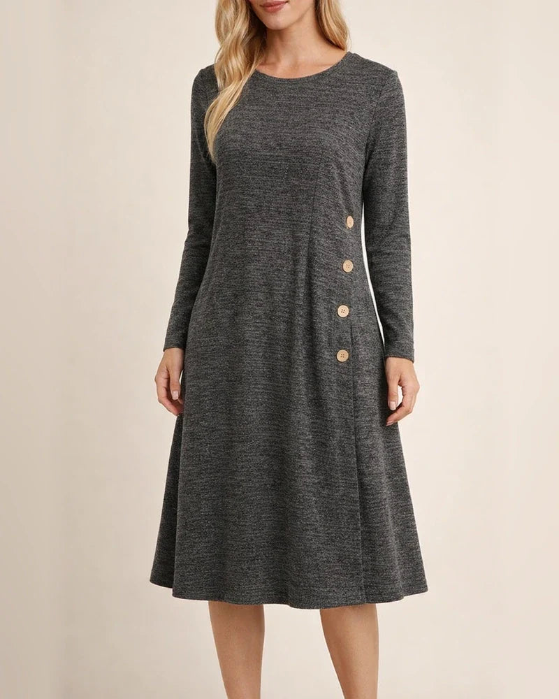 Casual Loose Solid Color Pullover Round Neck Button Embellished Long Sleeve Women's Dresses Women's Midi Dresses | JRSEE:8b355cd2-69e9-4ba4-95e9-cf6f17ebc81a
